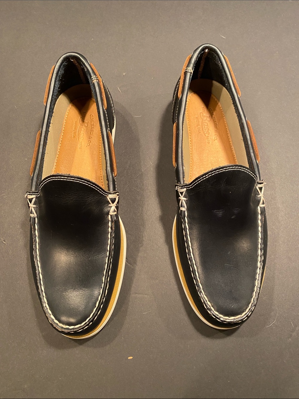 G.H. Bass & Co. Black Leather Slip-On Loafers with Tan Accents